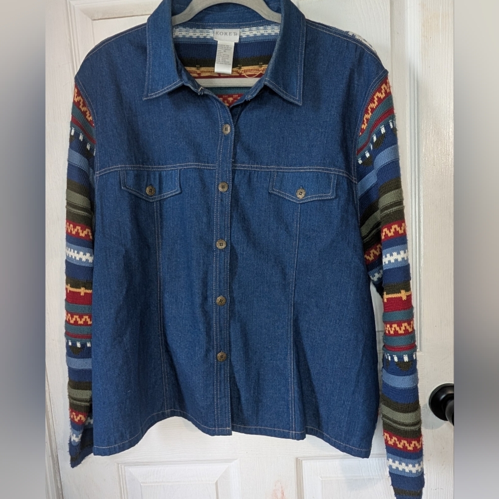 Koret Vintage Denim Button-Up Shirt with Patterned Sleeves 0076